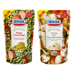 Test nu de nieuwe speciale soepen van Unox, de pittige erwtensoep of de romige kip-champignon soep!